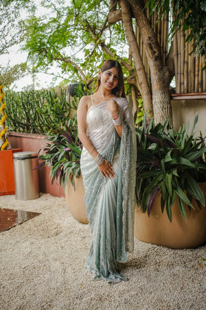 White Sequin Satin Saree
