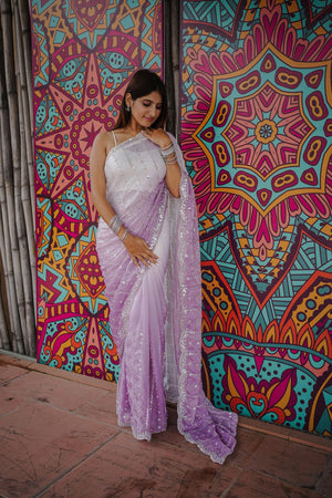 Purple Sequin Satin Saree