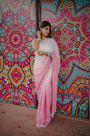 Pink Sequin Satin Saree