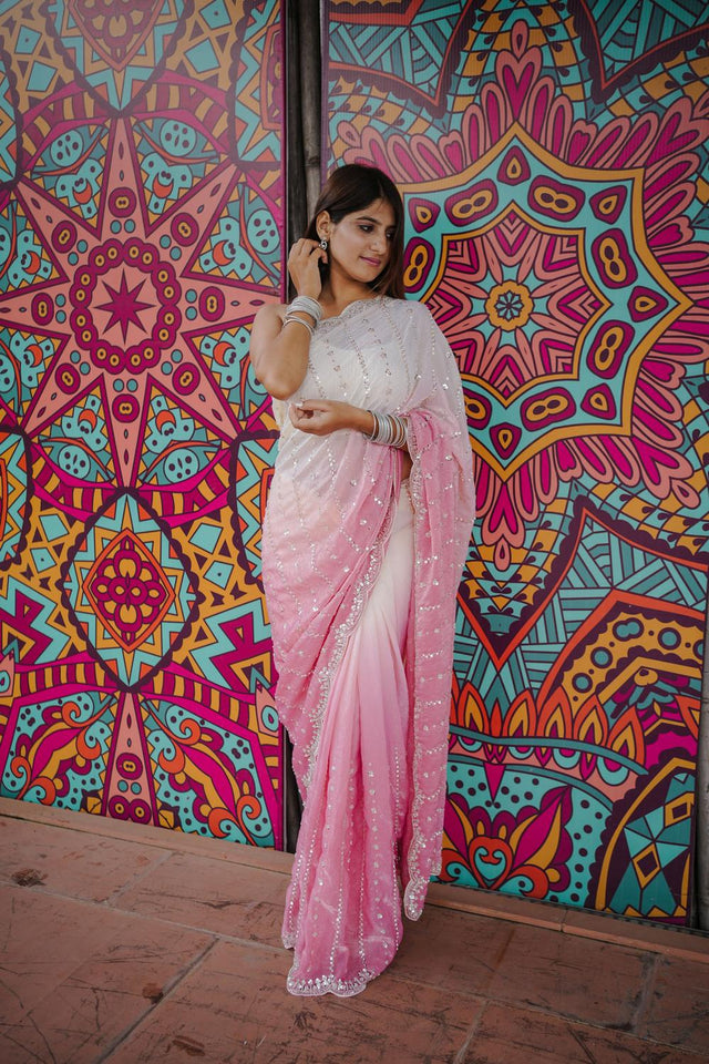 Pink Sequin Satin Saree