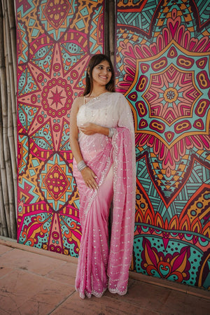 Pink Sequin Satin Saree