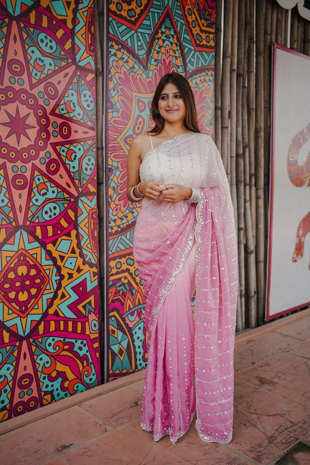 Pink Sequin Satin Saree