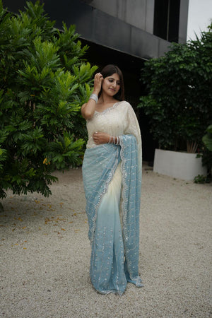 Blue Sequin Satin Saree