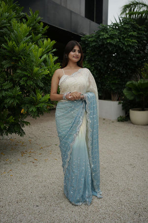 Blue Sequin Satin Saree