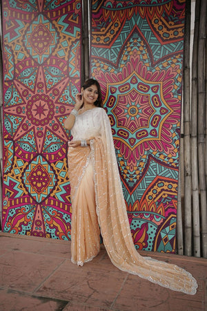 Peach Sequin Satin Saree