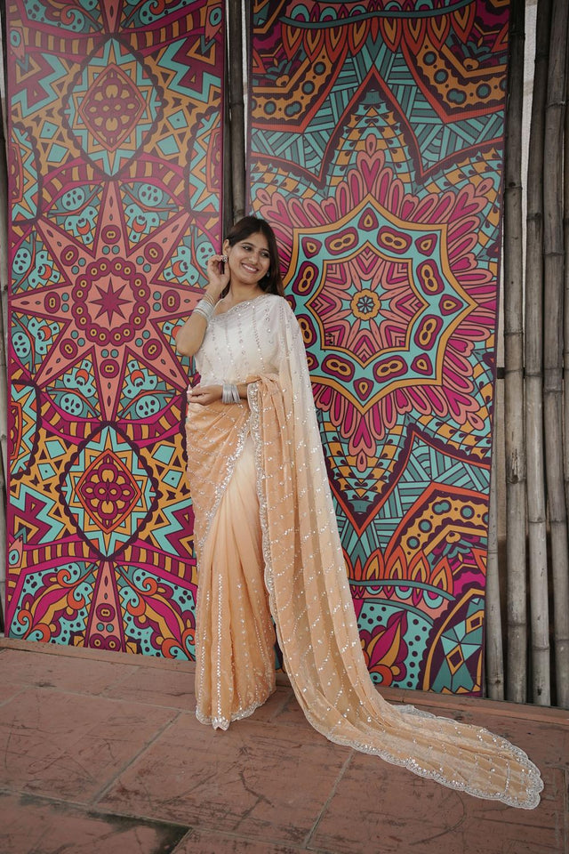 Peach Sequin Satin Saree