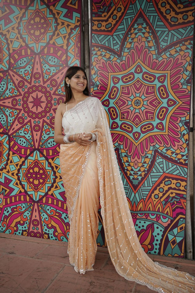 Peach Sequin Satin Saree