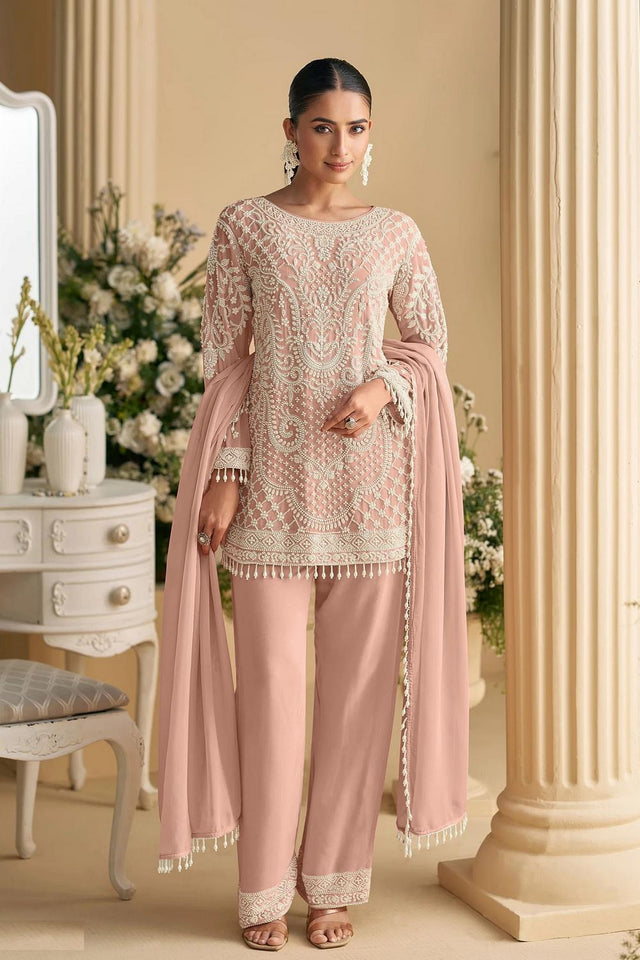 Peach Floral Embroidered  Kurti Pant Set