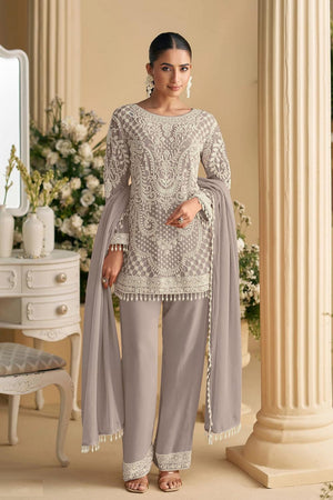 Grey Floral Embroidered  Kurti Pant Set