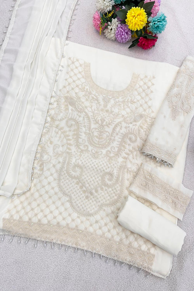 White Floral Embroidered  Kurti Pant Set