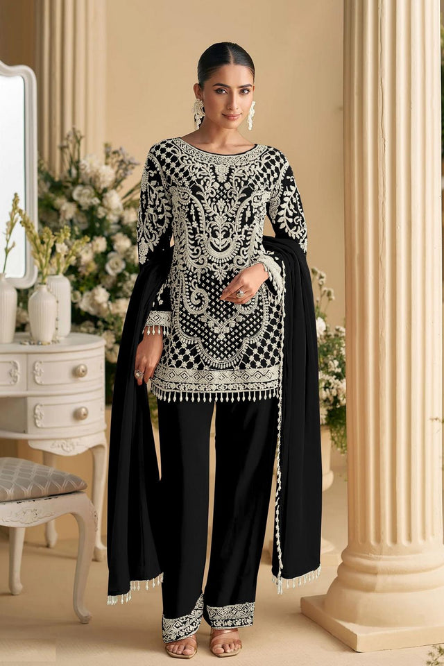 Black Floral Embroidered  Kurti Pant Set