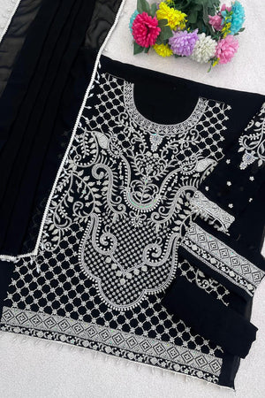 Black Floral Embroidered  Kurti Pant Set