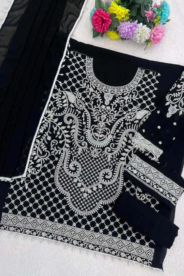 Black Floral Embroidered  Kurti Pant Set