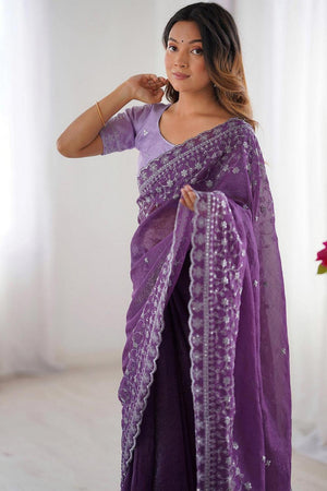 Lavender Embroidered Silk Saree