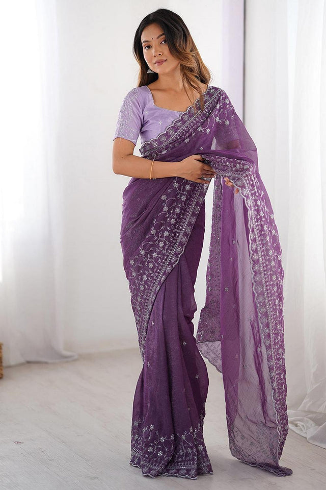 Lavender Embroidered Silk Saree