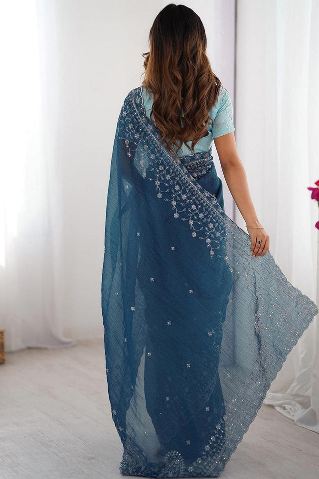Blue Embroidered Silk Saree