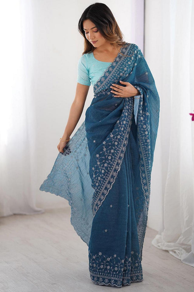 Blue Embroidered Silk Saree