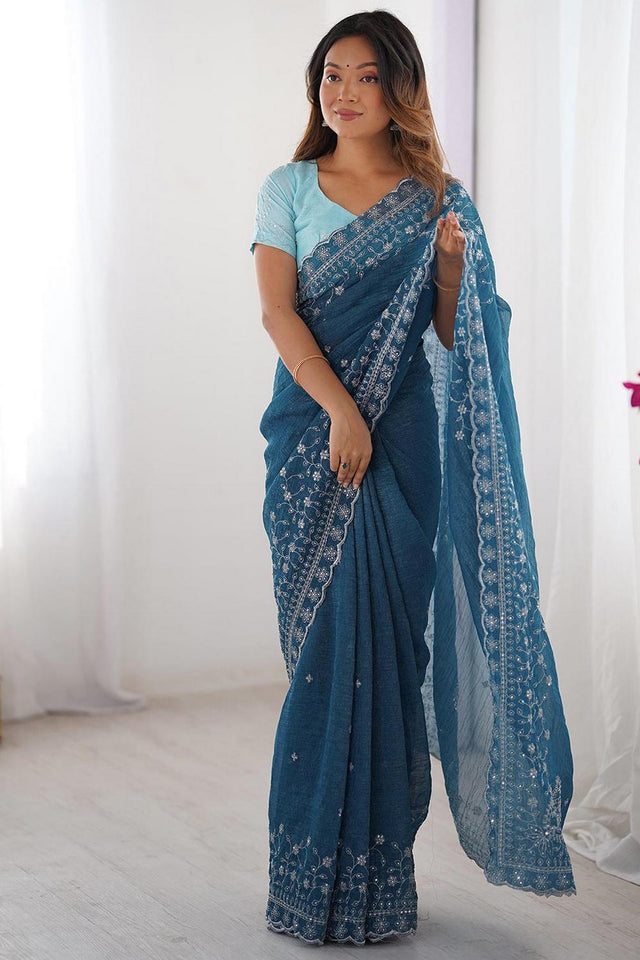 Blue Embroidered Silk Saree