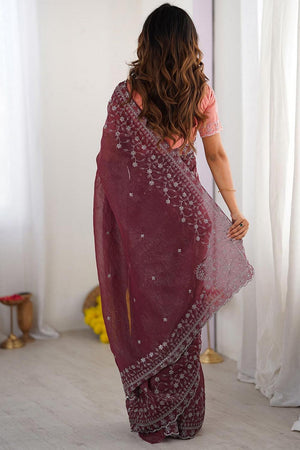 Wine Embroidered Silk Saree
