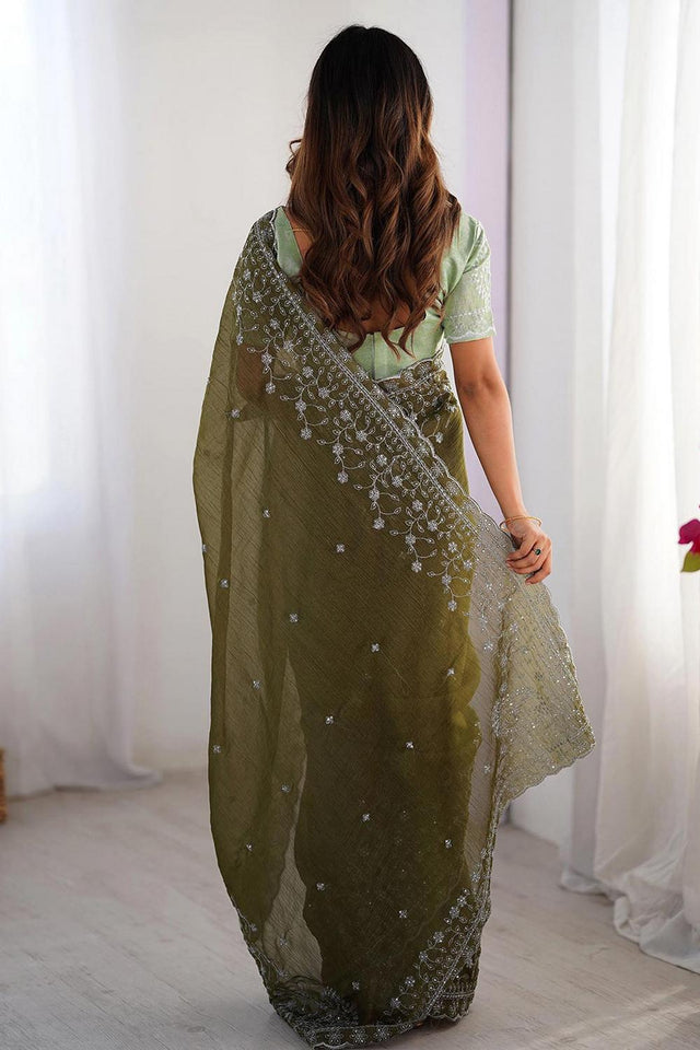 Mehendi Embroidered Silk Saree