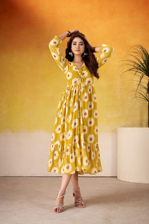 Mustard Floral Printed  Dresses