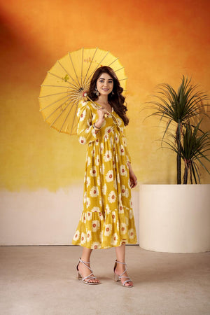 Mustard Floral Printed  Dresses
