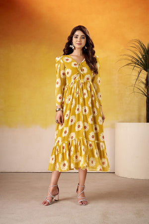 Mustard Floral Printed  Dresses