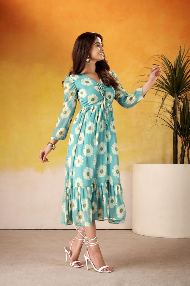 Blue Floral Printed  Dresses