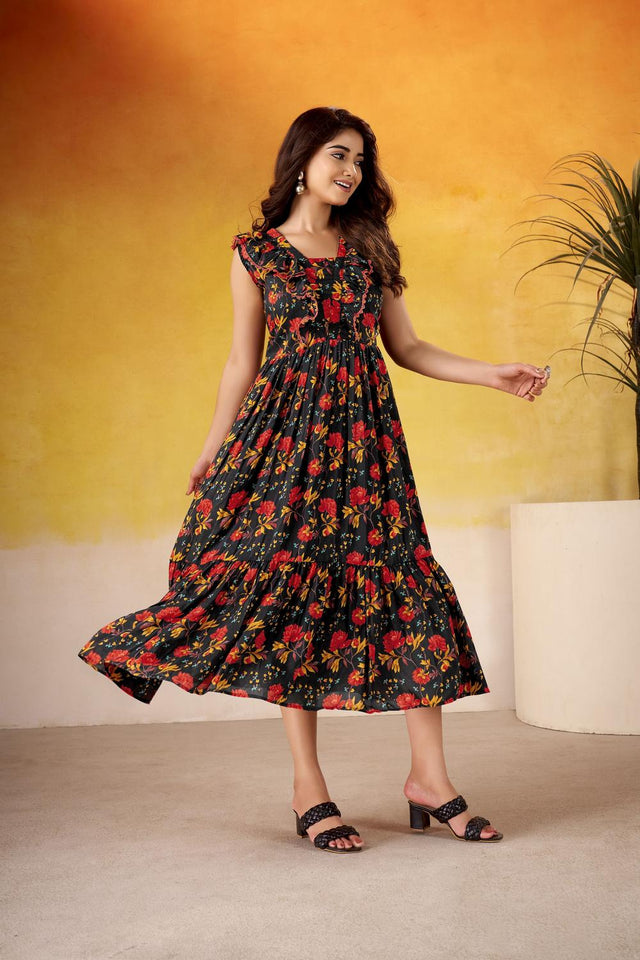 Black Floral Printed  Dresses