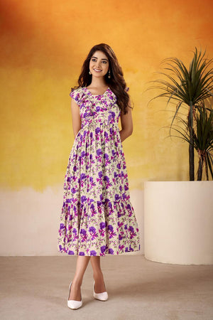 Violet Floral Printed  Dresses