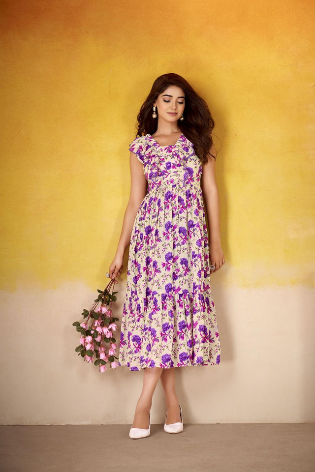Violet Floral Printed  Dresses