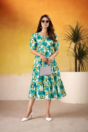 Turquoise Floral Printed  Dresses