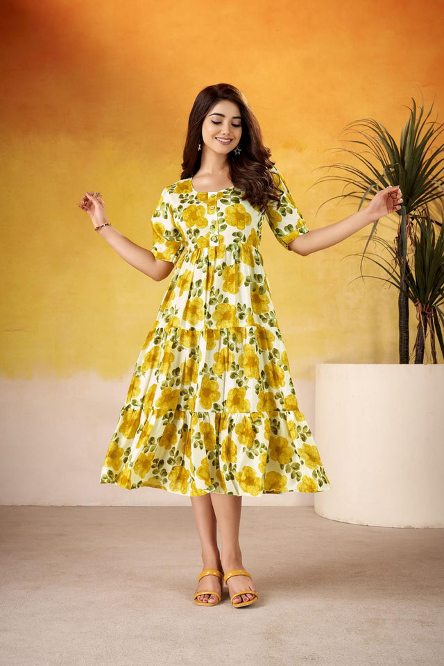 Mustard Floral Printed  Dresses
