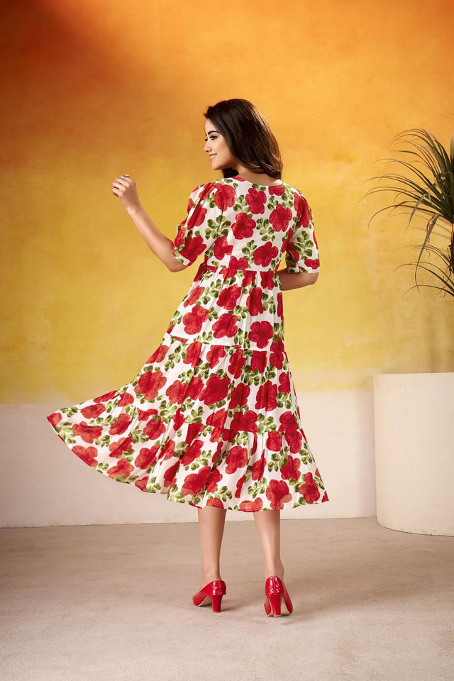 Red Floral Printed  Dresses