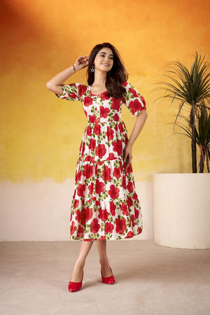 Red Floral Printed  Dresses