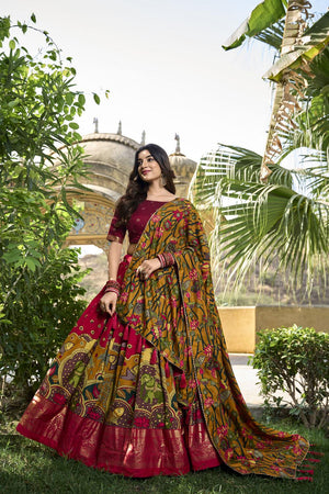 Red Micro Cotton Silk Lehenga