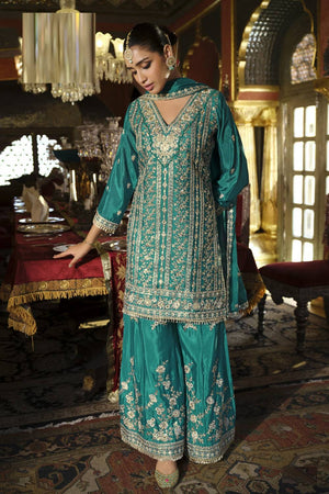 Turquoise Sequin with Embroidered Chinon Palazzo Suits