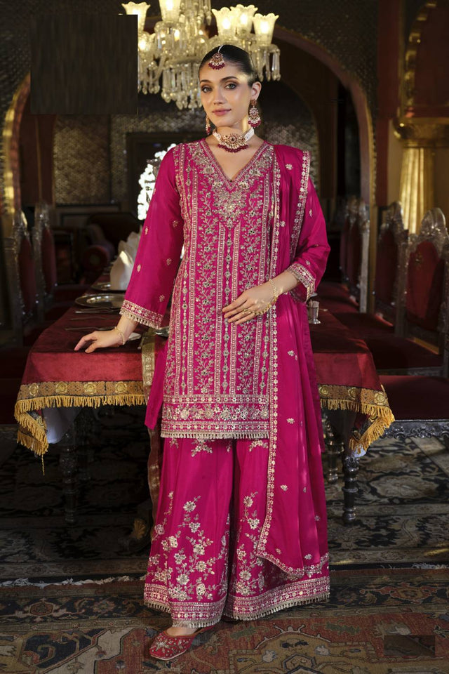 Pink Sequin with Embroidered Chinon Palazzo Suits