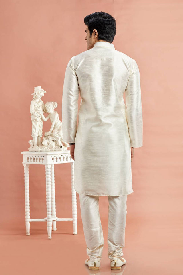 Men's Cream Embroidered Raw Silk Kurta Pyjama Set