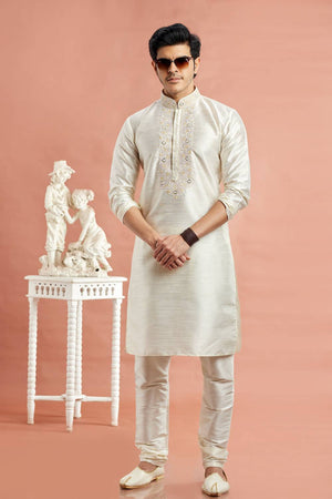 Men's Cream Embroidered Raw Silk Kurta Pyjama Set