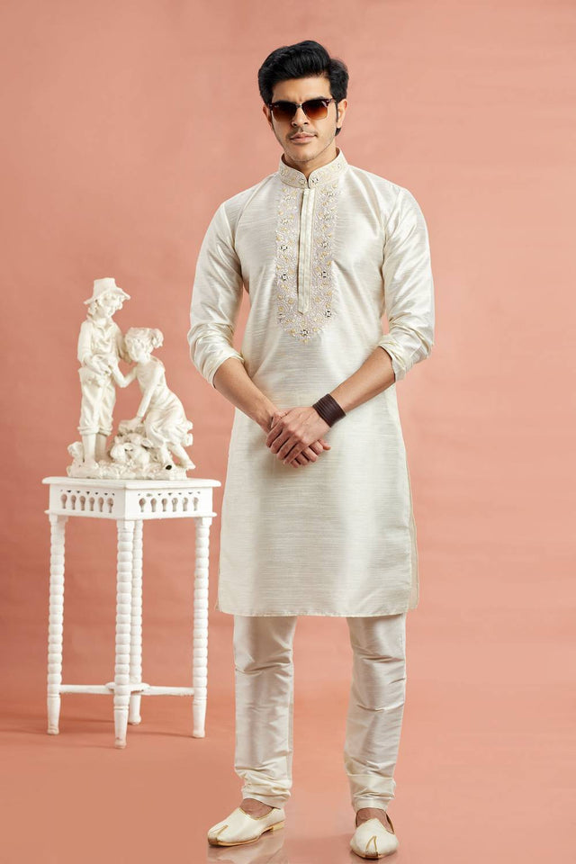 Men's Cream Embroidered Raw Silk Kurta Pyjama Set