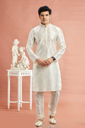 Men's Cream Embroidered Raw Silk Kurta Pyjama Set