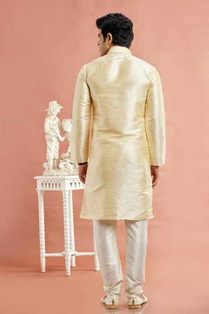 Men's Beige Embroidered Raw Silk Kurta Pyjama Set