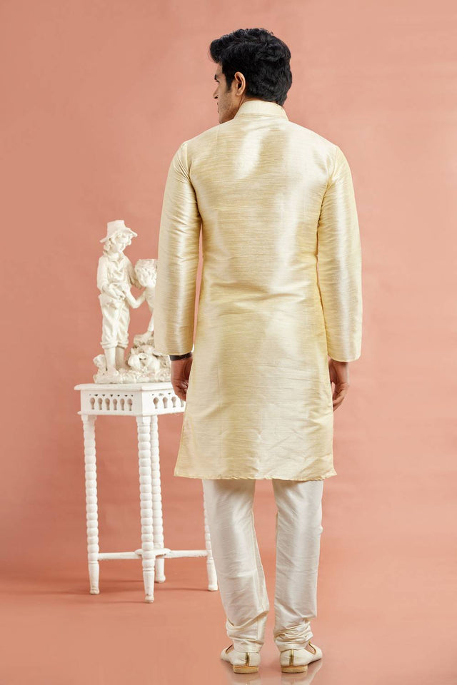 Men's Beige Embroidered Raw Silk Kurta Pyjama Set