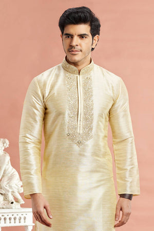 Men's Beige Embroidered Raw Silk Kurta Pyjama Set