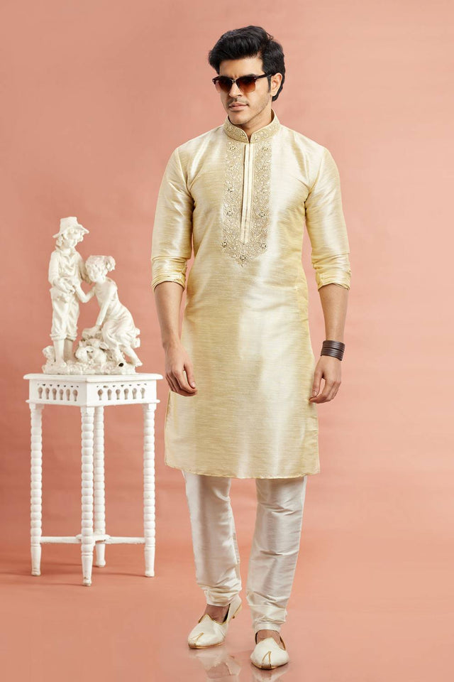 Men's Beige Embroidered Raw Silk Kurta Pyjama Set
