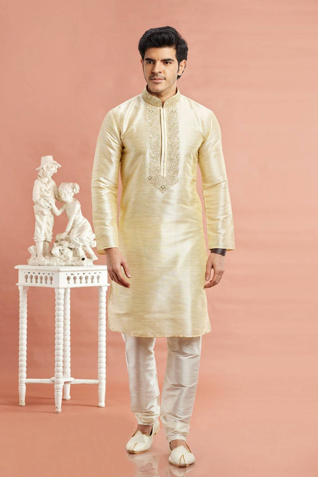 Men's Beige Embroidered Raw Silk Kurta Pyjama Set