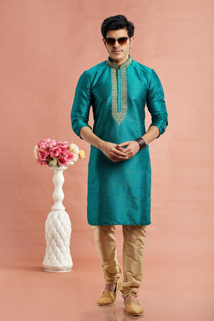 Men's Turquoise Embroidered Raw Silk Kurta Pyjama Set