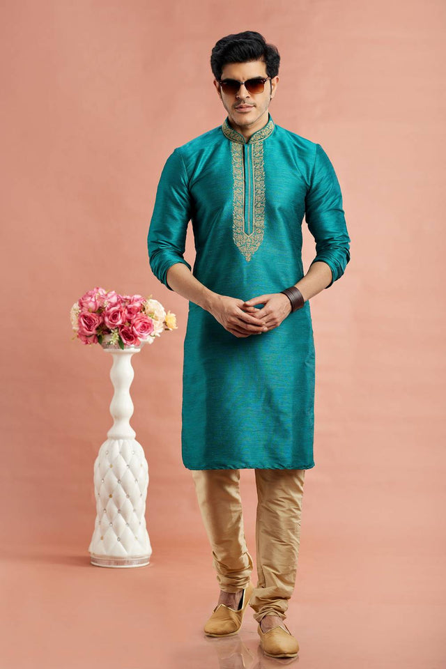 Men's Turquoise Embroidered Raw Silk Kurta Pyjama Set