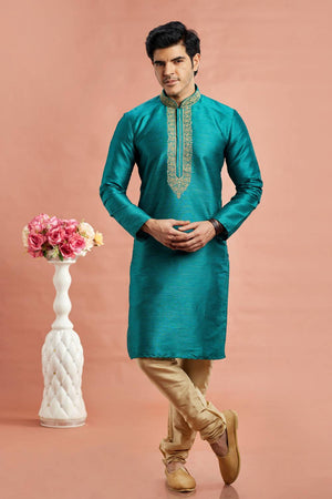 Men's Turquoise Embroidered Raw Silk Kurta Pyjama Set